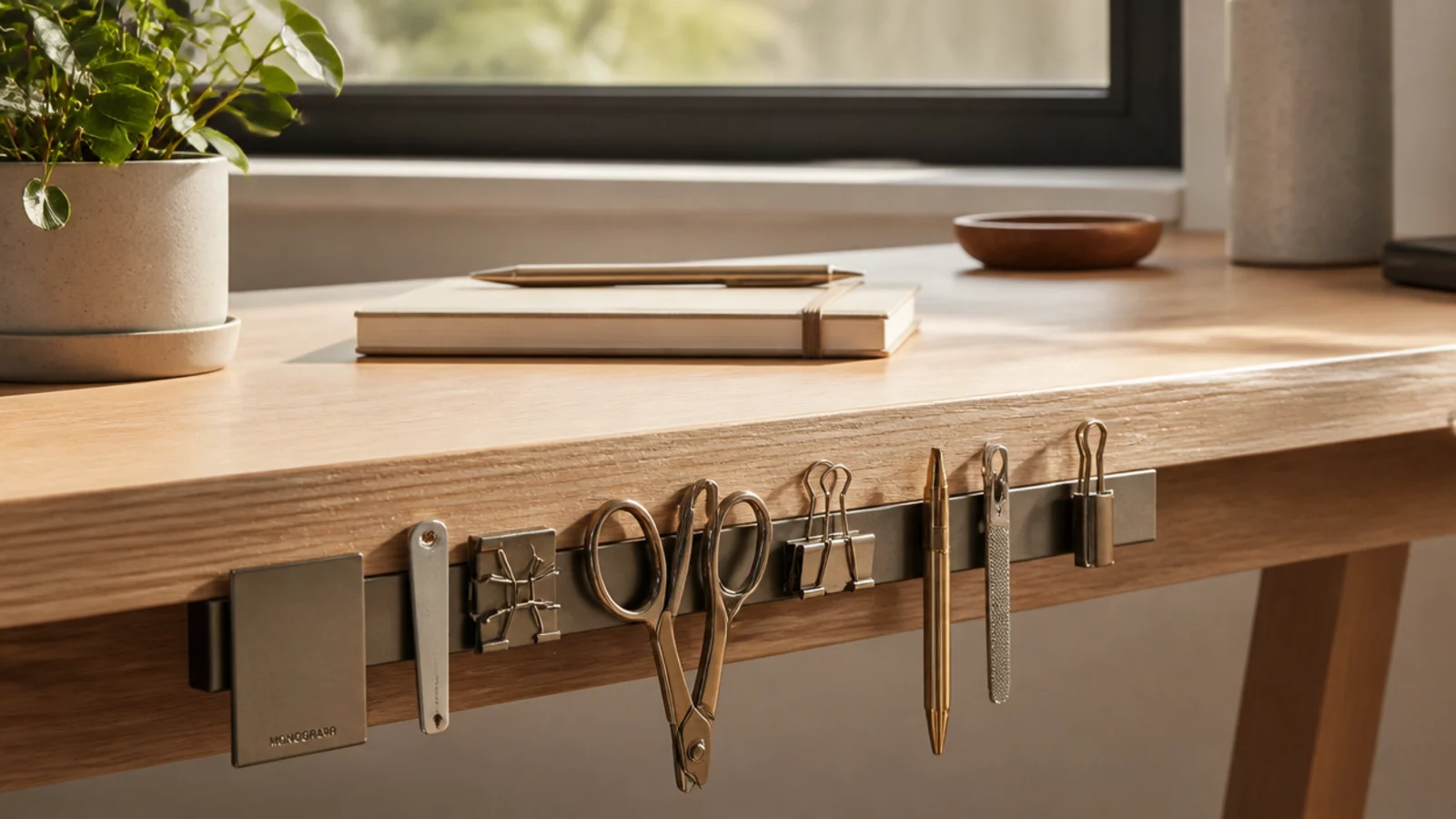 A slim magnetic strip on the side of a desk holding scissors, clips, and small metal tools off the surface.