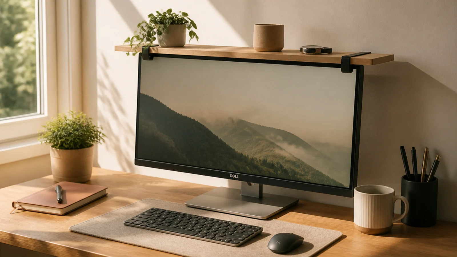 A shelf that clamps over the top of a monitor, holding a small plant and a few lightweight items.