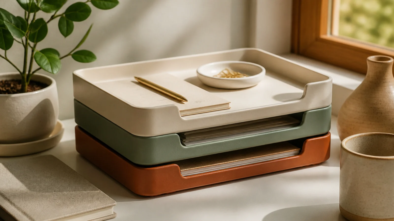 A set of small stackable trays on a compact desk, nested to hold papers and supplies in a tight footprint.