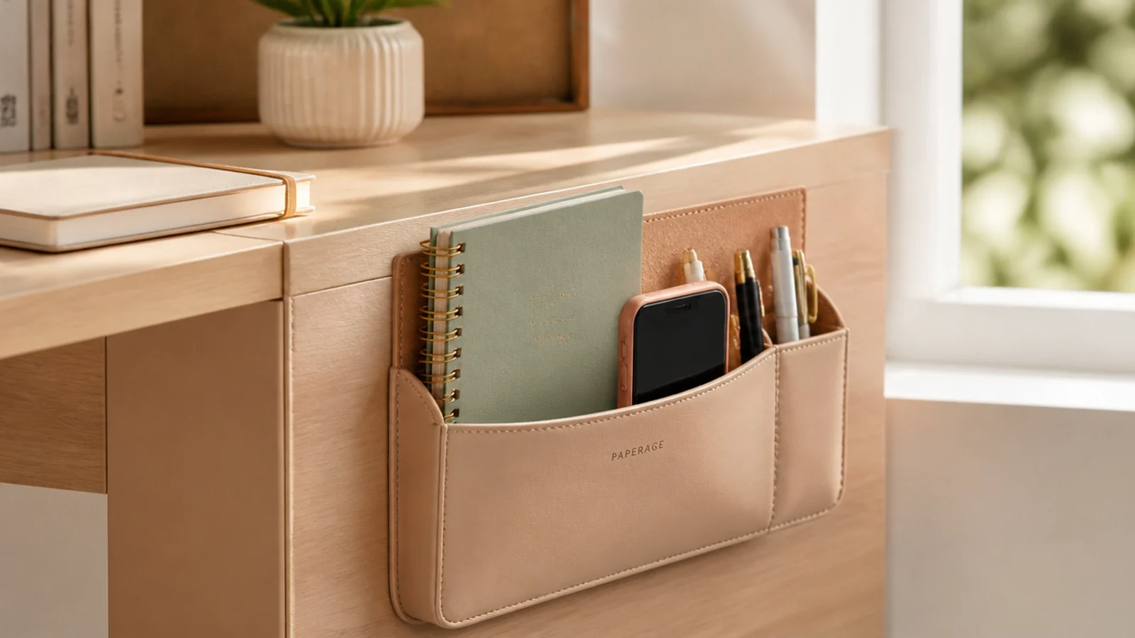 An adhesive organizer with pockets mounted on the side of a desk holding a notebook, phone, and pens.