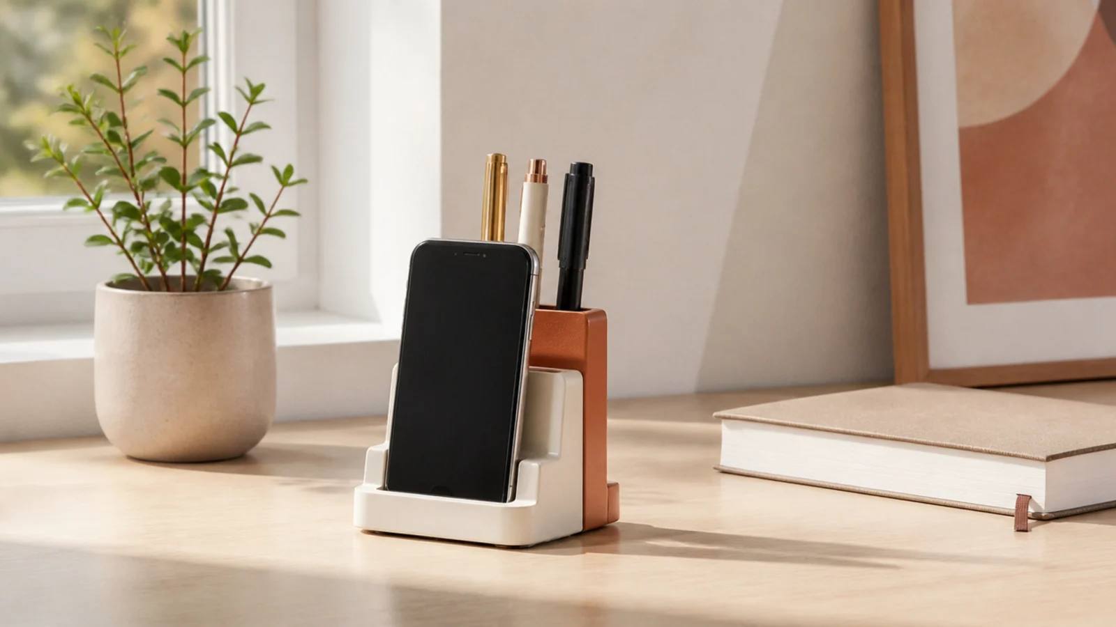 A slim multi-slot stand holding a phone upright plus a few pens in a tiny vertical footprint on a desk.