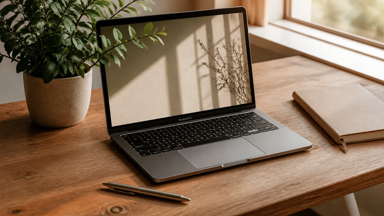 A minimal small desk with only a laptop, one pen, and a small plant, showing a deliberately edited surface.