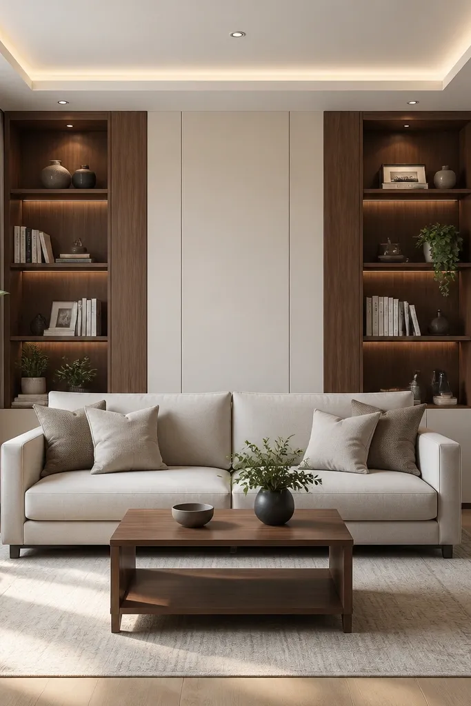 Sofa centered on the longest wall with two matching shelves and a rug under the seating