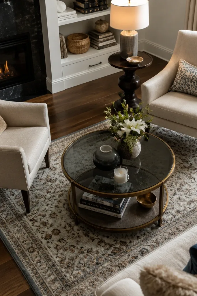 Two chairs facing a round coffee table with a small round rug centered