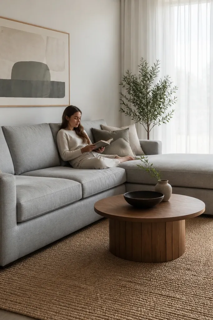 L-shaped sectional with chaise near the window and a narrow side table beside it