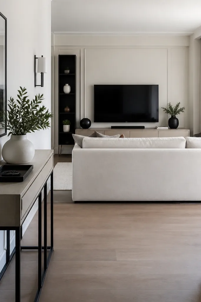 Sofa facing TV with a slim console along the walkway wall and a tall plant near it
