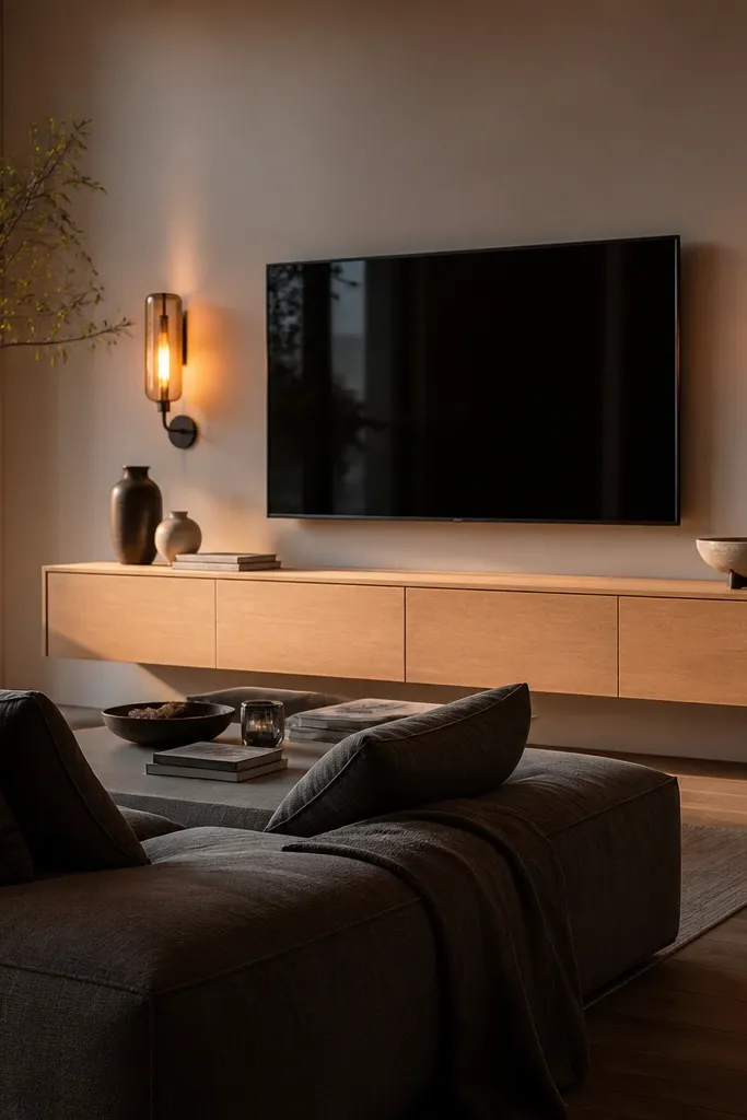 Low sofa under a floating TV credenza with two wall sconces and a light rug