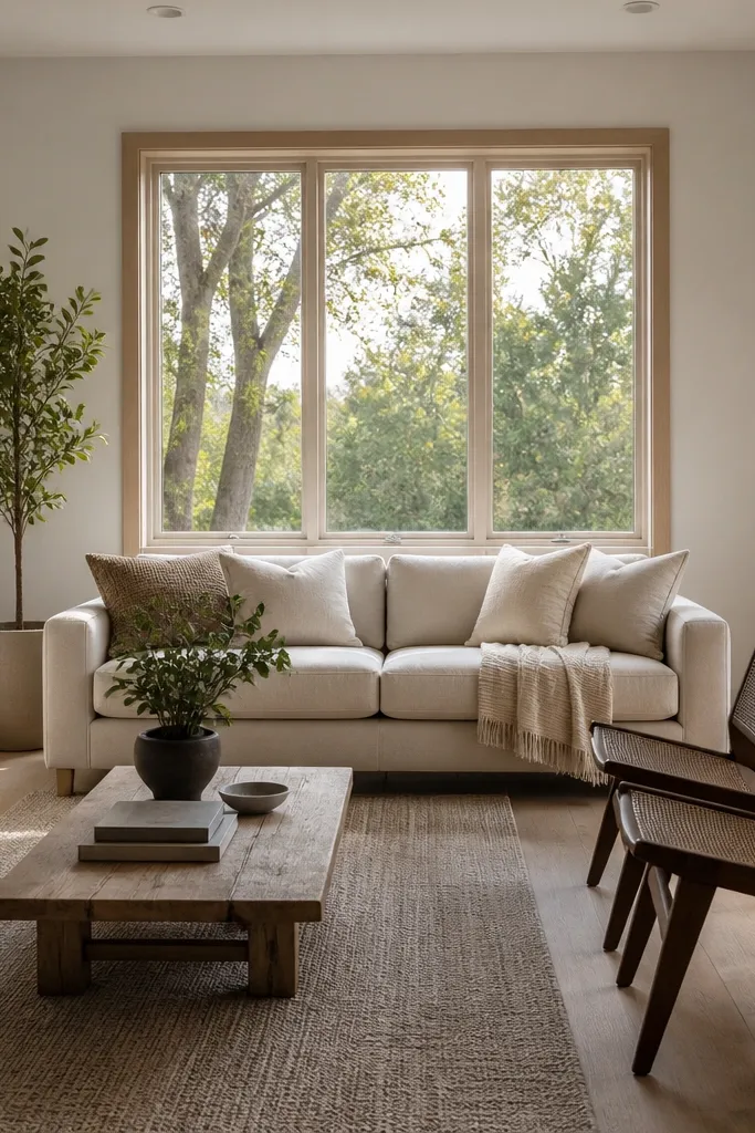 Sofa parallel to the window with two slim chairs along the side wall