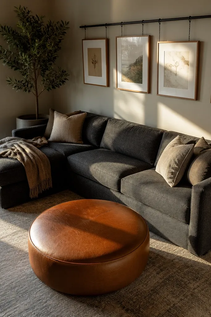 Corner sofa with round ottoman and a wall gallery rail above the corner