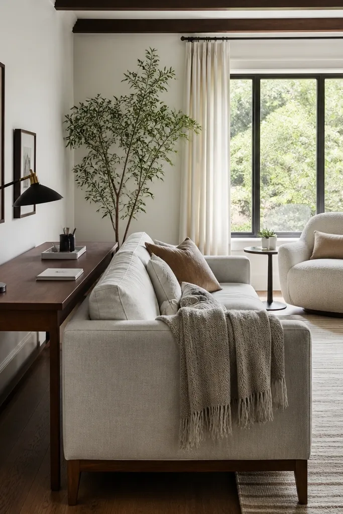Sofa along one wall with a slim desk behind it and a reading chair by the window