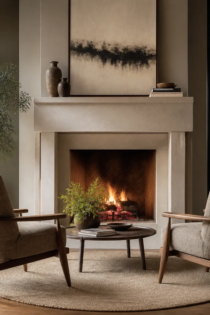 Two chairs facing a fireplace with a round rug and a small coffee table