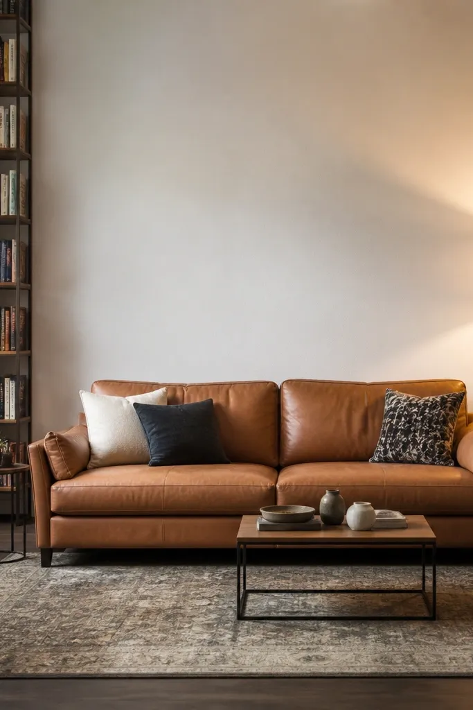 Sofa centered on a blank wall with a tall bookcase and small side tables