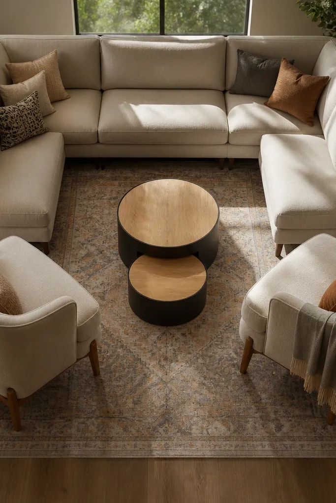 U-shaped seating with two chairs and nesting tables in a small drawing room