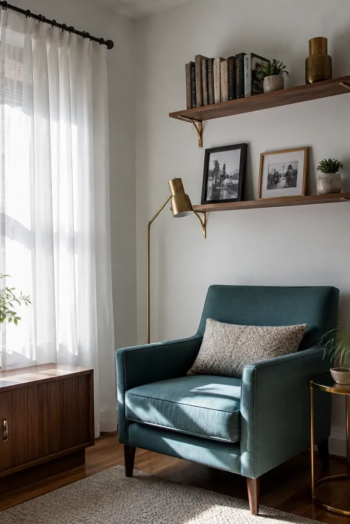 Armchair by the window with a low console below floating shelves above