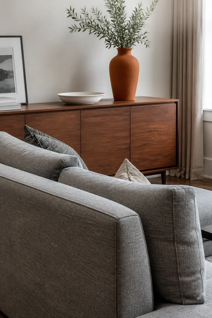 Chaise sofa with a sideboard behind the seating and framed art above it