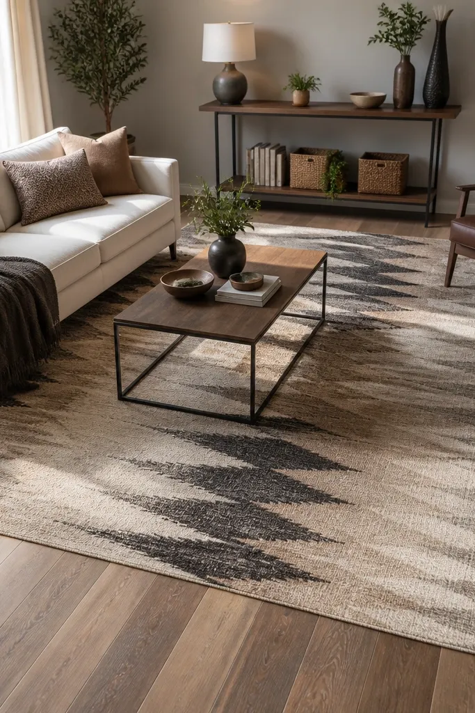 Diagonal sofa and chairs with a bold rug and a narrow console against the back wall