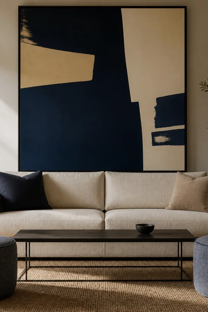 Sofa with large framed art above and two ottomans in front on a rug