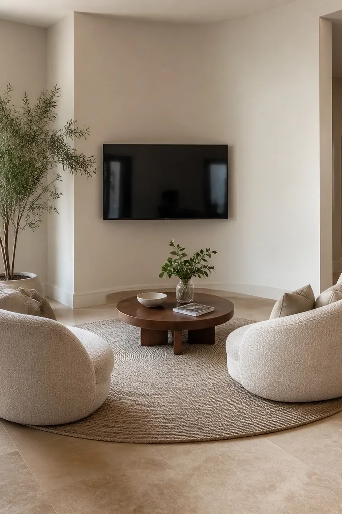 Corner media setup with floating TV and a curved bench seating area