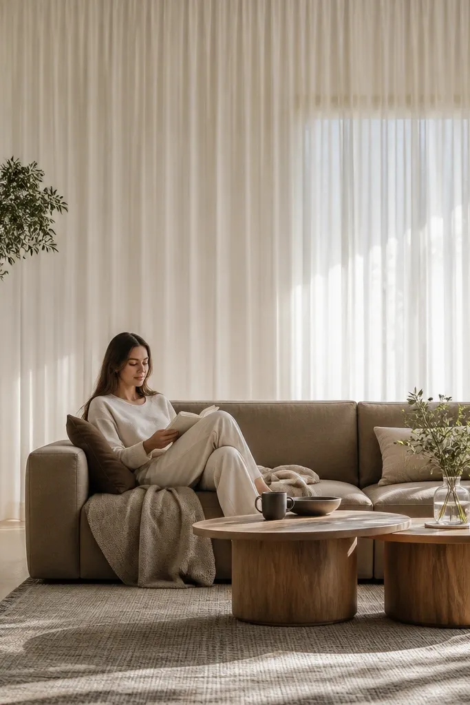 Sofa with two nesting tables and long curtains framing the room