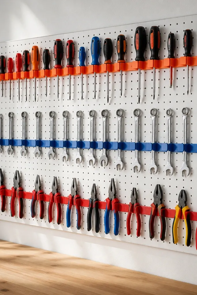 A long pegboard strip with bright colored hooks in three horizontal bands, each band holding a different set of tools like screwdrivers, wrenches, and pliers.