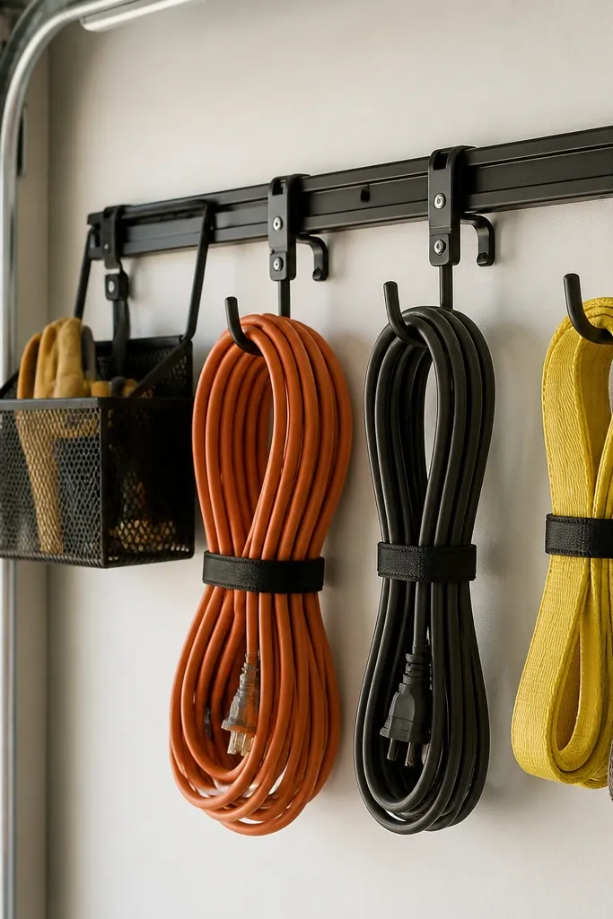 Inside a garage door area, a black rail system holds hanging organizers and loops, with coiled extension cords and folded tow straps neatly clipped to hooks.