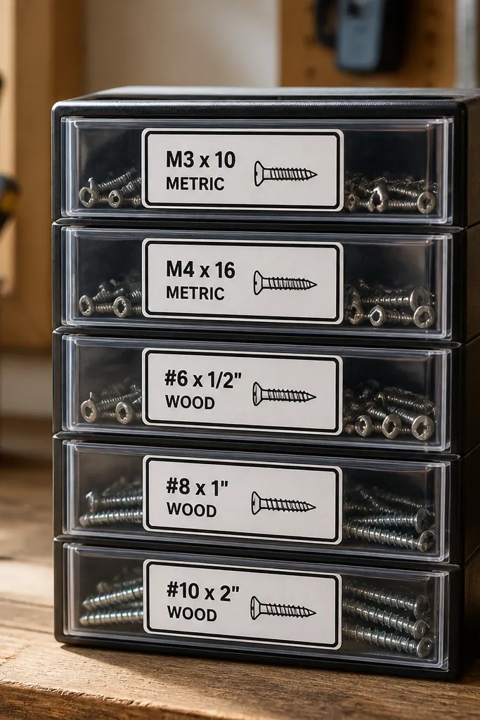 A small stack of clear-front drawers on a workbench, each drawer labeled with a black-and-white label showing screw sizes and categories.