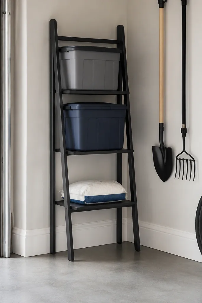 A narrow ladder-style shelf in a garage corner with three shelves holding a few sealed bins and a bag of salt, leaving the floor open.