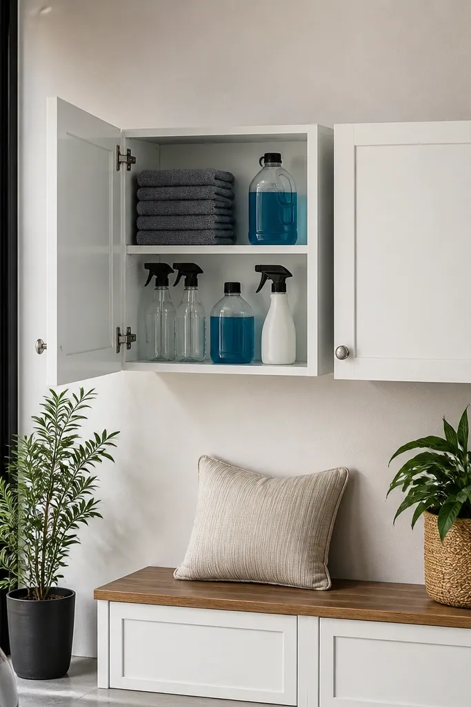 Two shallow white wall cabinets mounted above a small bench, with a microfiber stack, car wash soap, and spray bottles organized behind doors.