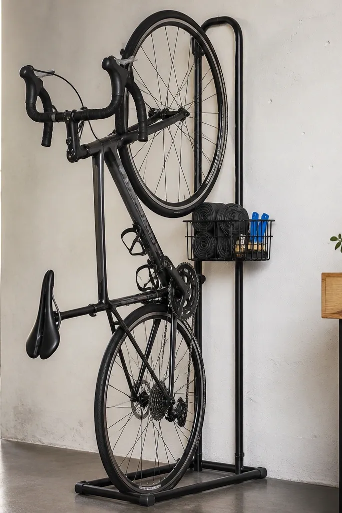 A vertical bike stand holding a bicycle upright, with a small wire basket attached to the stand holding tire levers, a pump adapter, and spare tubes.