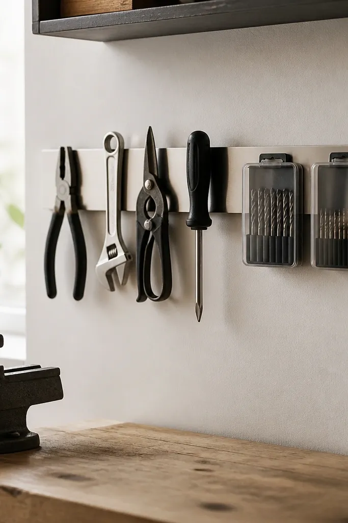 A stainless magnetic strip mounted beside a workbench, holding a few hand tools and small drill bit cases with labels.