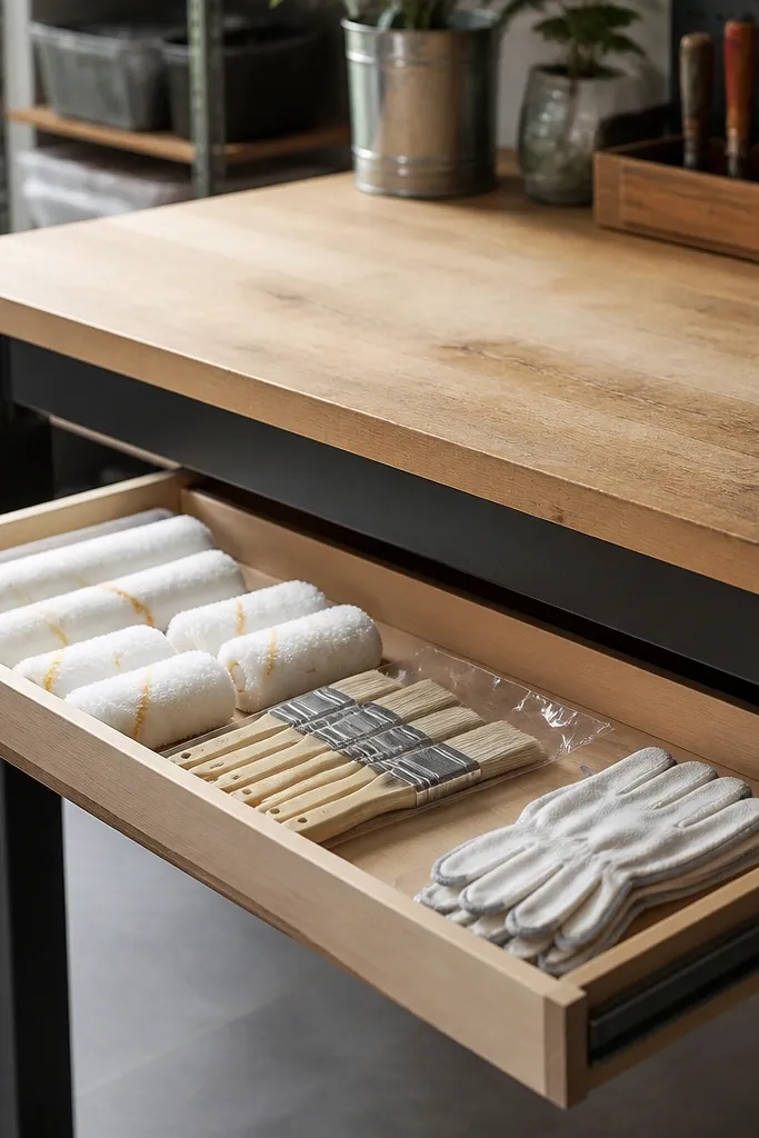 A workbench with a pull-out tray underneath, holding paint roller sleeves, a paint brush pack, and a neat stack of gloves.