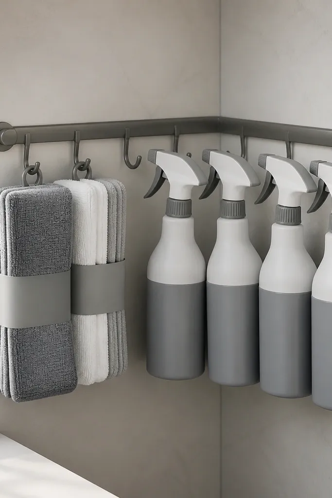 A corner rail with hooks holding matching gray-and-white spray bottles and a couple of stacked microfiber packs.