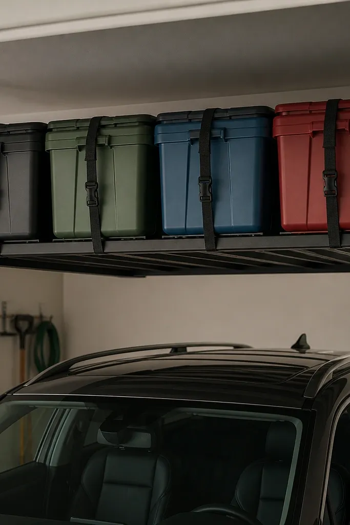 An overhead rack above a car bay with four color-matched bins, each bin labeled on the side, and straps holding them in place.