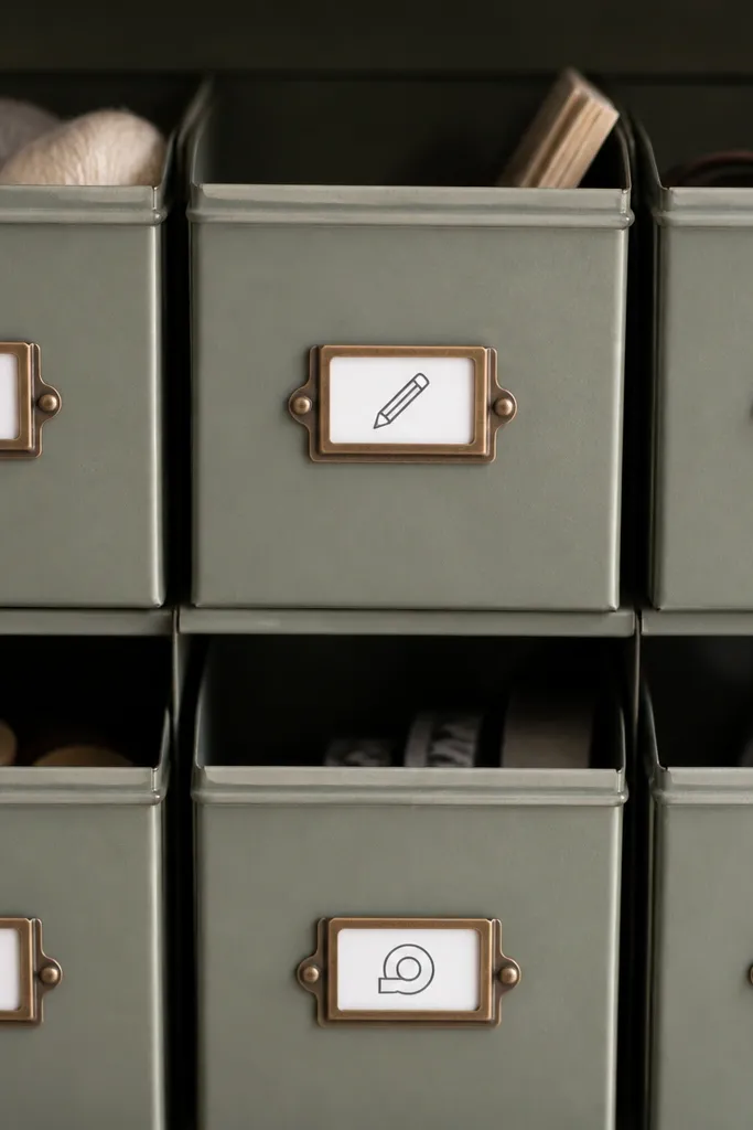 Close-up of bin fronts with small magnetic label holders, each label showing a category and a simple icon.