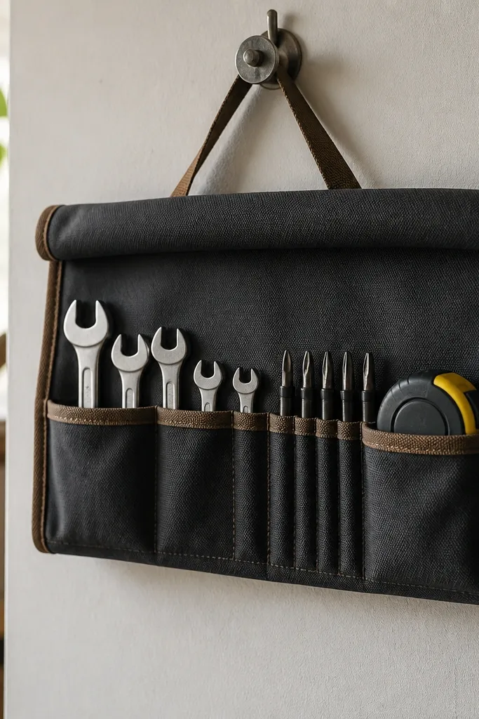 A rolled fabric tool organizer hanging on a hook, with visible pockets holding a small wrench set, screwdriver tips, and a tape measure.