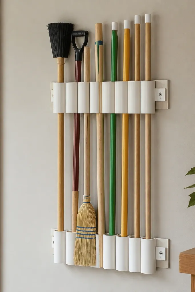 A vertical PVC pipe rack mounted to a wall, holding broom handles and long dowel rods with caps at the top.