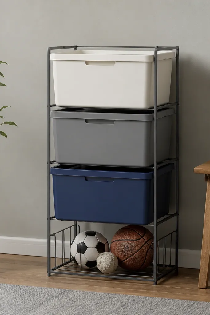 A small metal frame shelf with stacked lidded bins and a few balls stored in a lower compartment, all labels facing forward.
