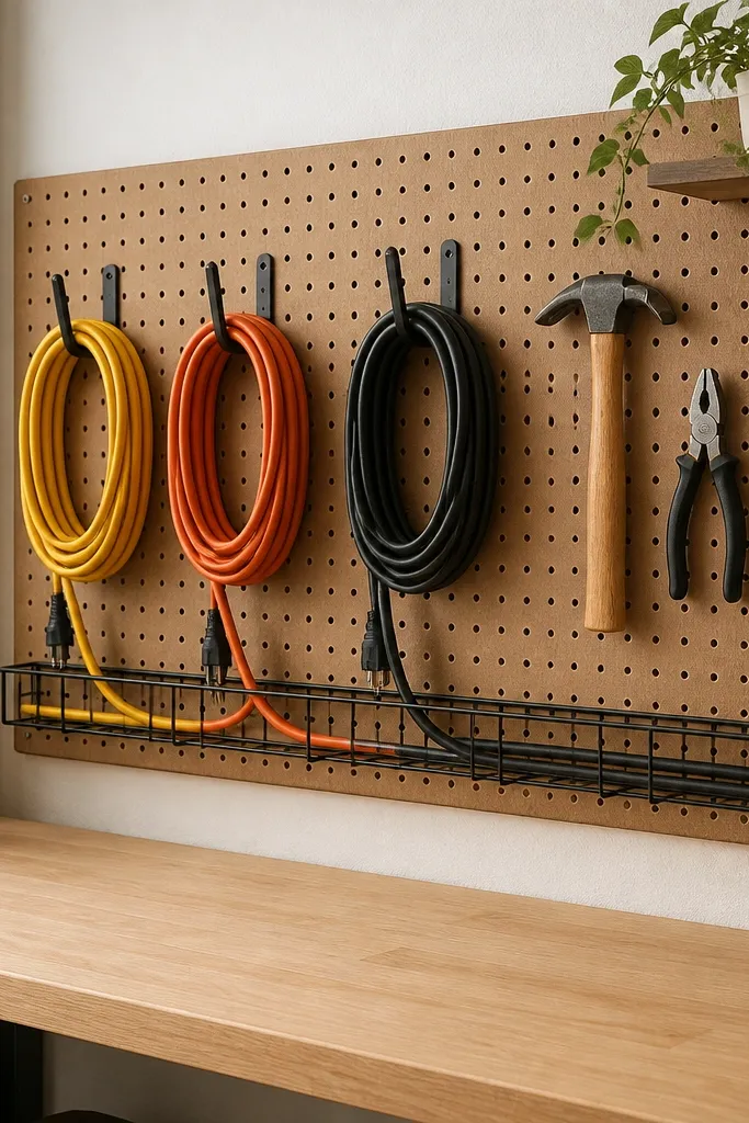A pegboard panel behind a workbench with cord hooks and a small cable tray, showing extension cords neatly routed.