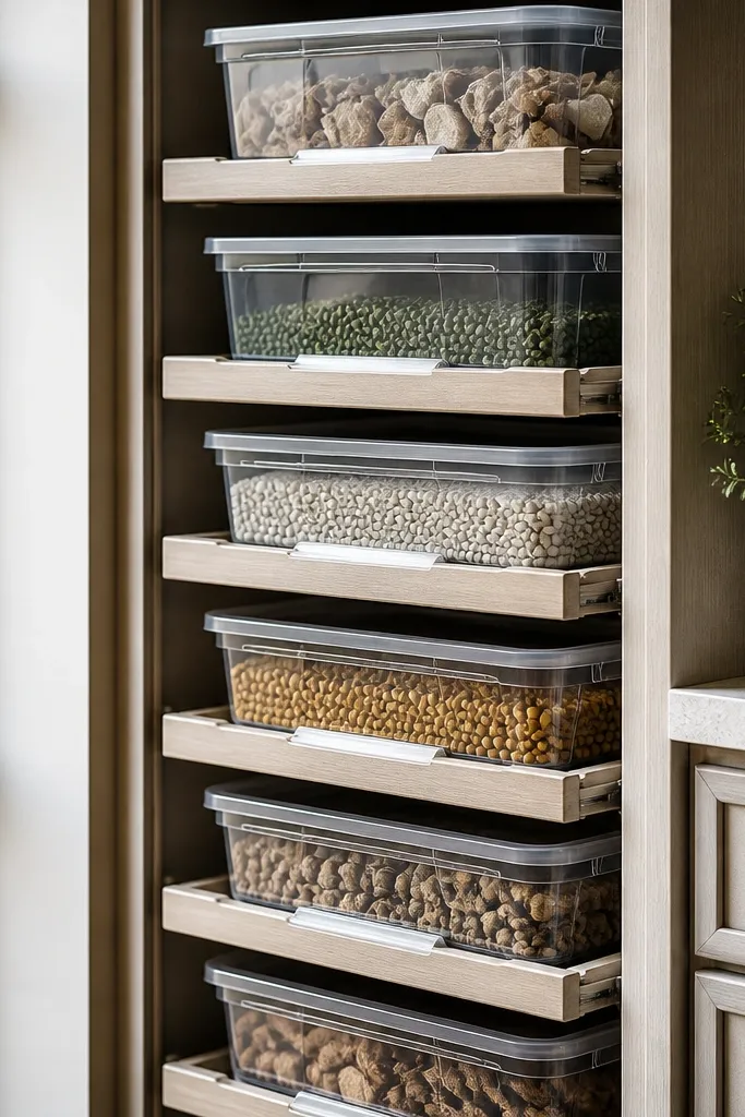 A compact tote stack with clear lids, each on a sliding tray system, with labels on the front lip.