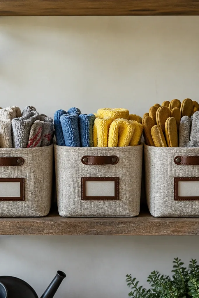 Three labeled fabric baskets on a wall shelf, each basket holding shop rags, microfiber towels, and work gloves.