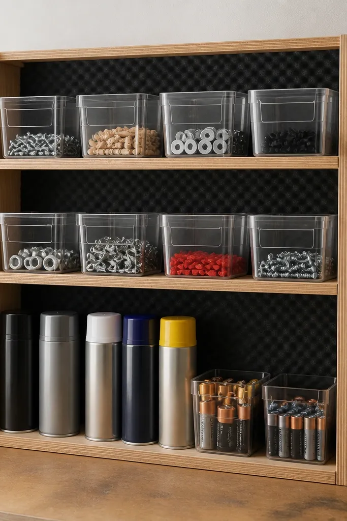 A small open shelf with foam-lined back panels and labeled containers for spray cans, small parts, and batteries.