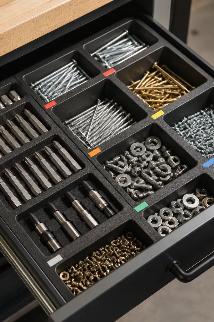 A drawer with custom foam inserts and small color tabs, holding screwdrivers bits, nails, and mixed fasteners in separate slots.