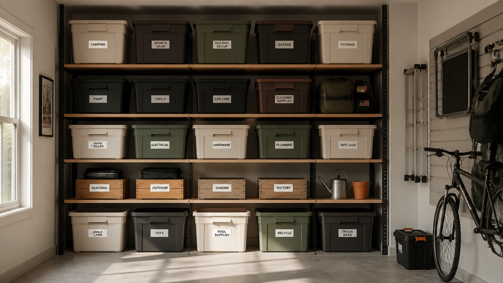 A tall shelving unit reaching from floor to ceiling along a small garage wall, packed with labeled bins on every tier.