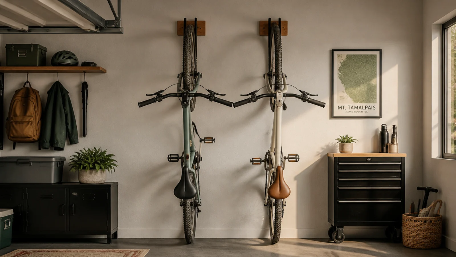 Two bikes hanging vertically by their front wheels on wall hooks in a small garage, tires flat against the wall.