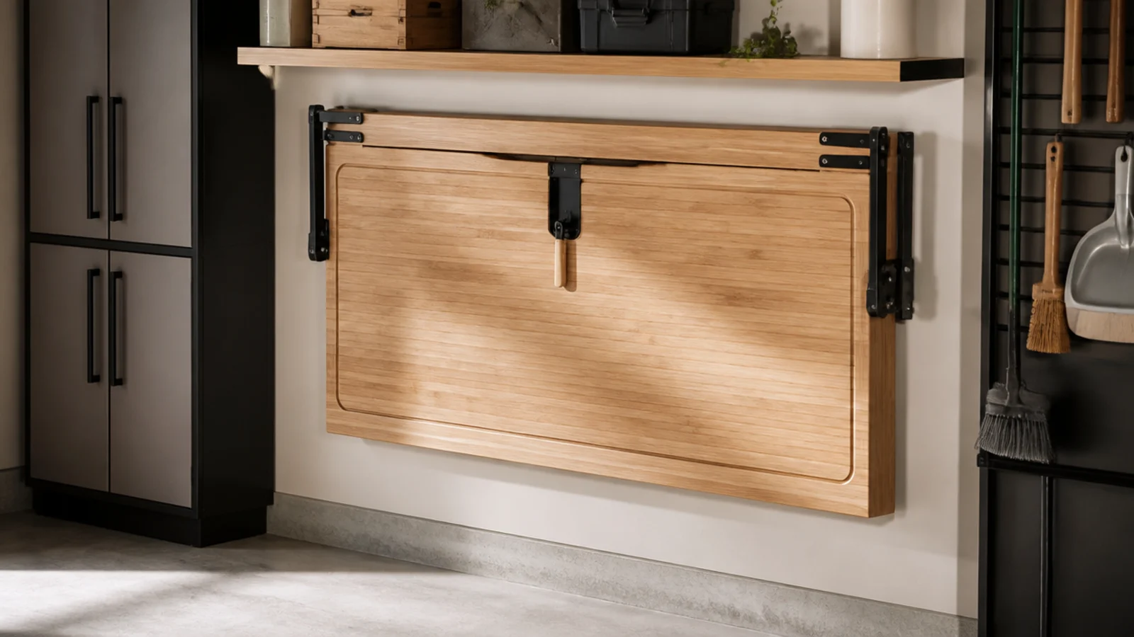 A hinged workbench folded up flat against a small garage wall, ready to drop down into a work surface.