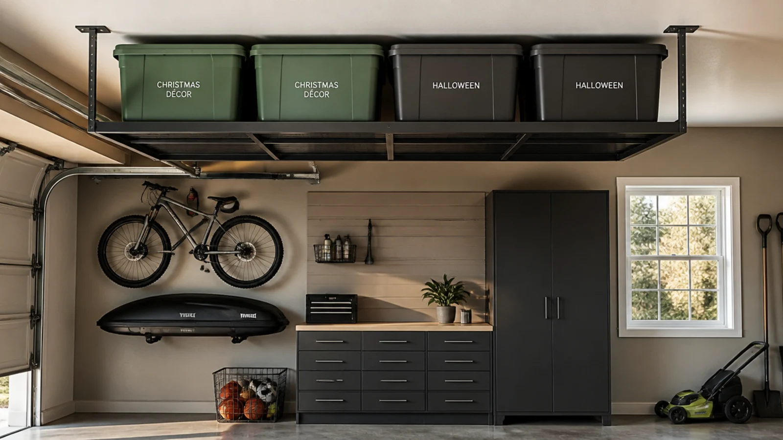 A low-profile overhead rack mounted to the ceiling above the garage door track, holding flat seasonal totes.