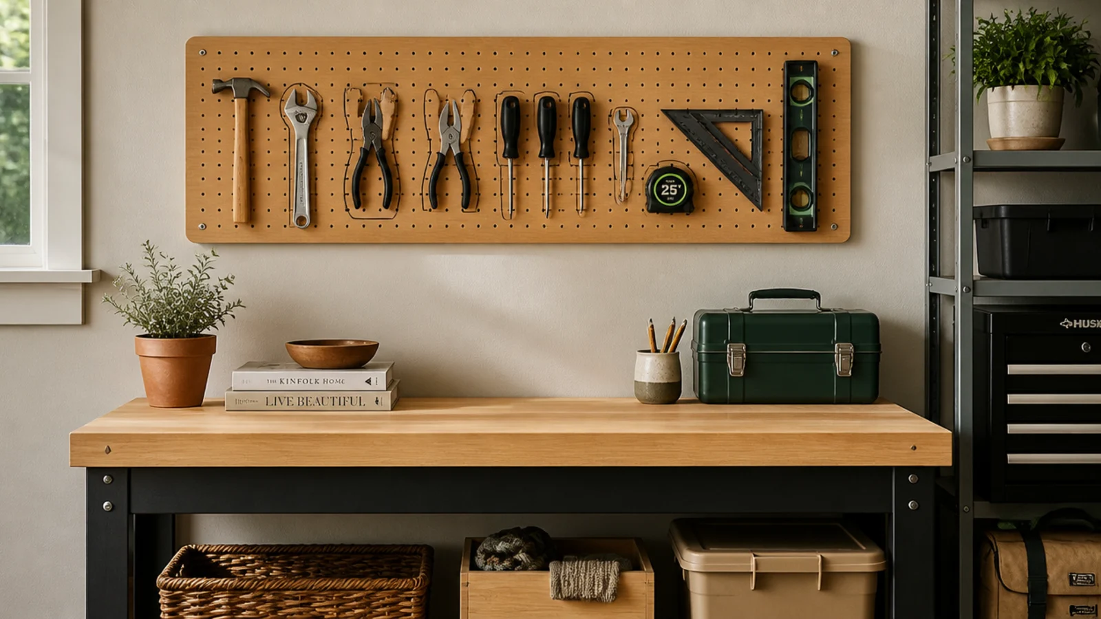 A small pegboard panel above a workbench in a tight garage holding hand tools on hooks with outlines behind them.