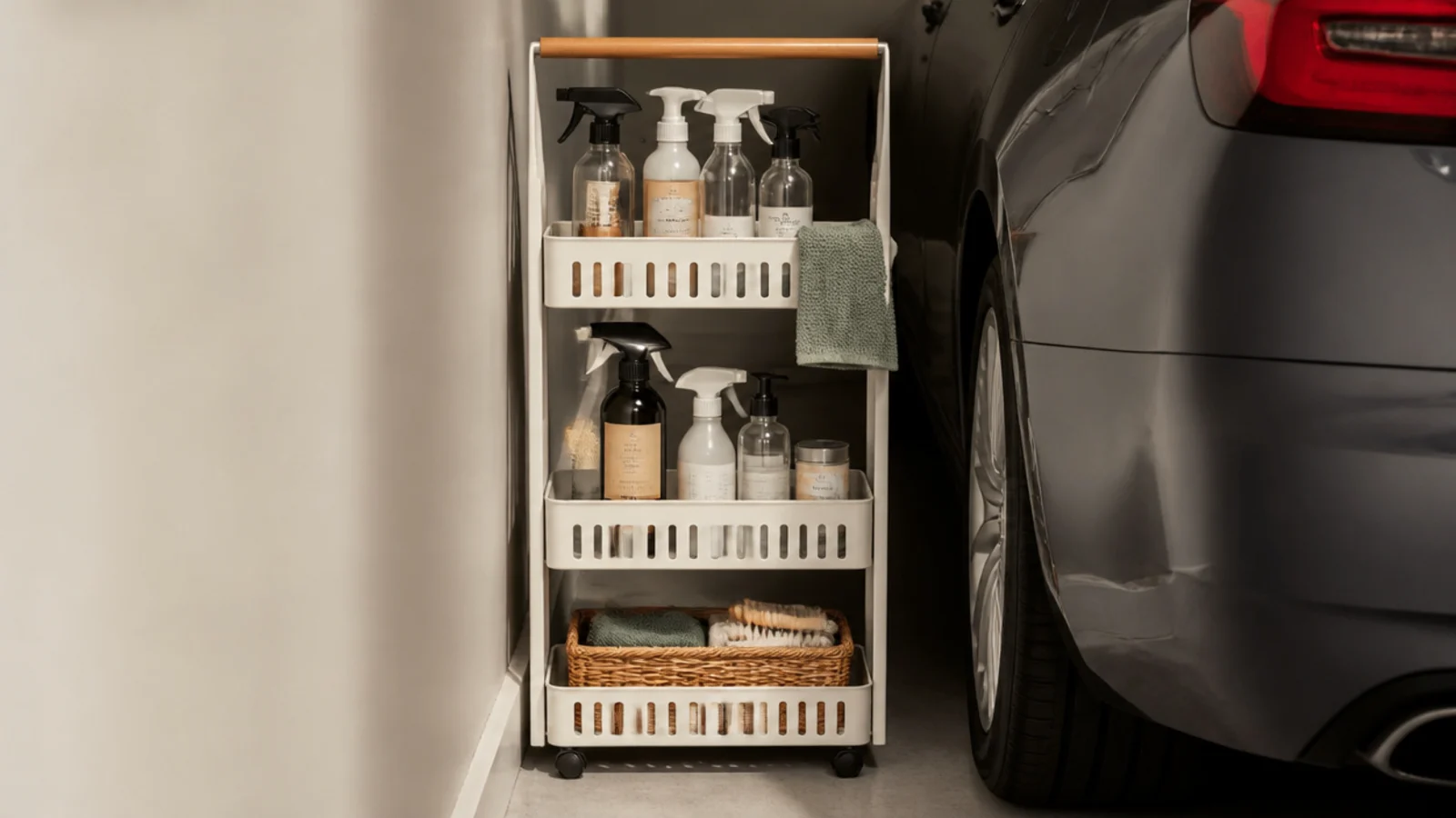 A narrow rolling cart pulled out from the tight gap between a parked car and the garage wall, holding cleaning supplies.