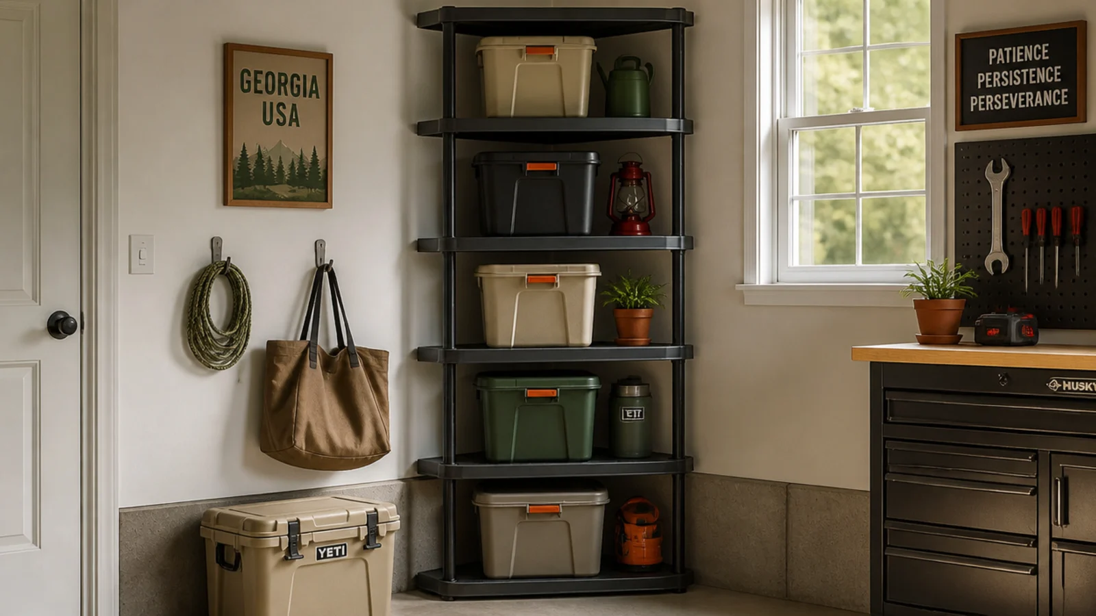 A tall corner shelving tower tucked into a small garage corner holding stacked bins on angled shelves.