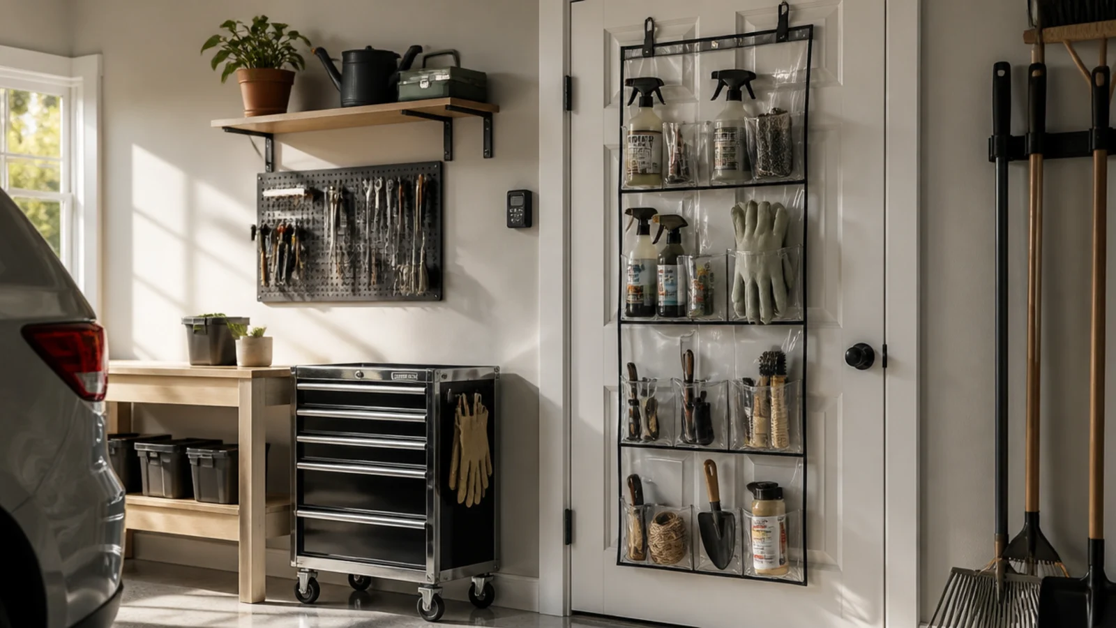 A clear-pocket organizer hanging on the back of a small garage's side door holding sprays, gloves, and small tools.